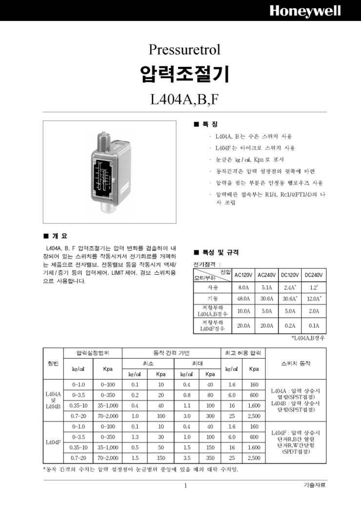  L404A,B,F, L404F1102,L404F1094 압력스위치 카다로그