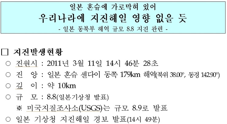 우리나라 <b>지진해일</b> 영향 없을 듯