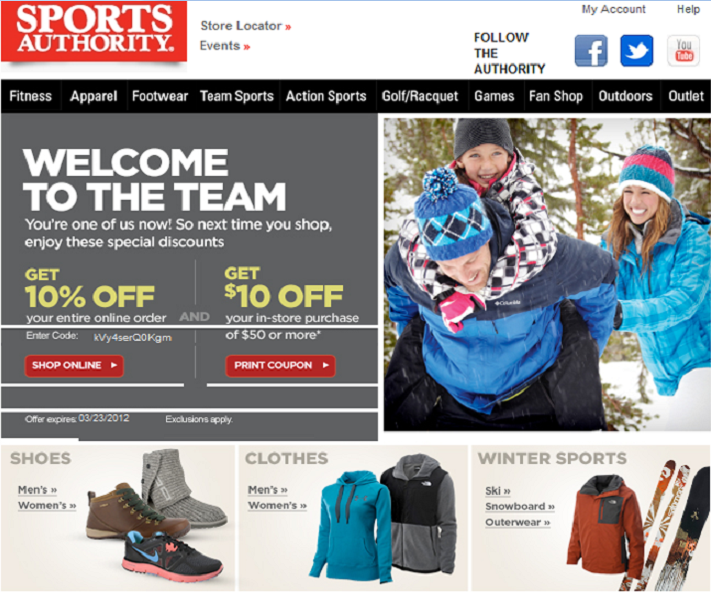  [Sports Authority] Sports Authority – 10% off 모든 물건 할인쿠폰