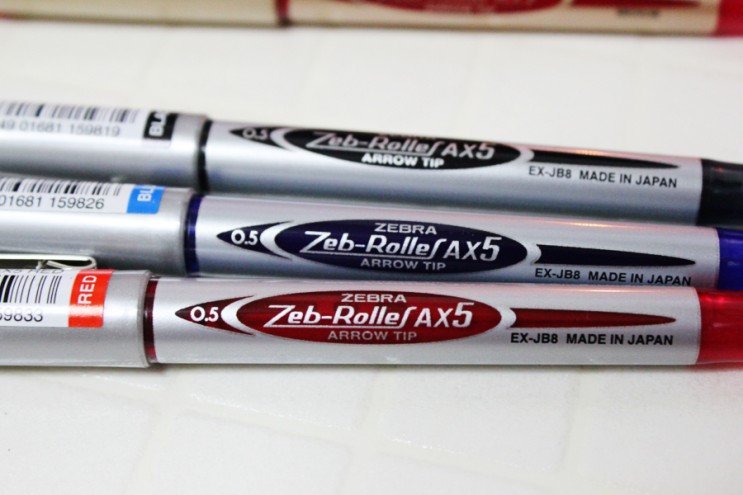 Zebra Zeb-Roller AX5 arrow tip 0.5mm fine rollerball pen x 3 black blue red