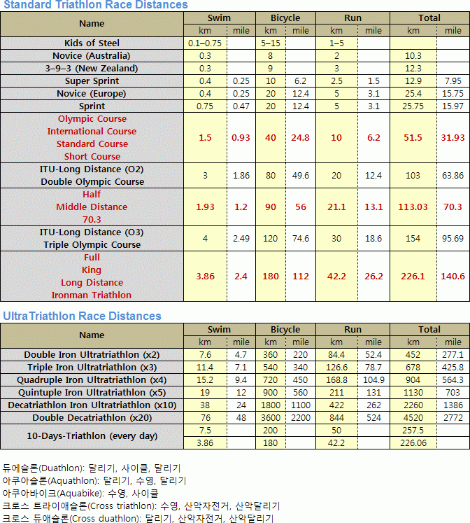 철인3종 경기 코스의 종류