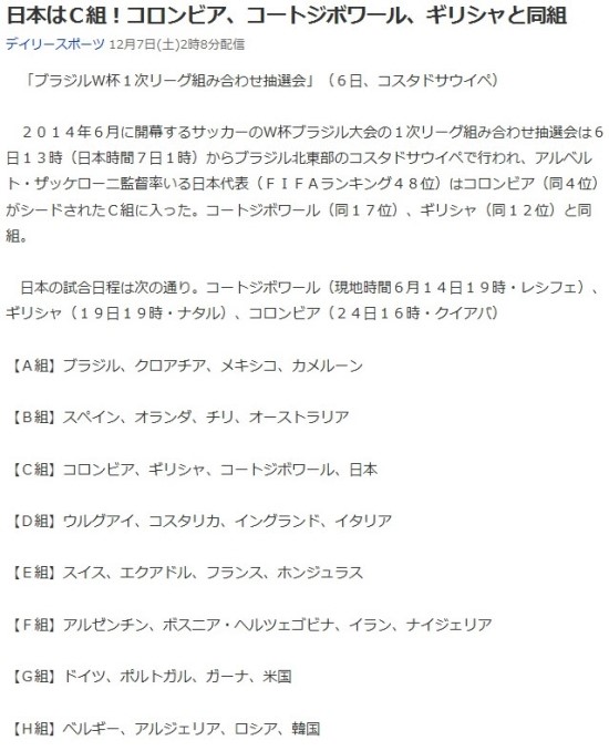 일본은 C조! <b>콜롬비아</b>, <b>코트디부아르</b>, 그리스와 한 조