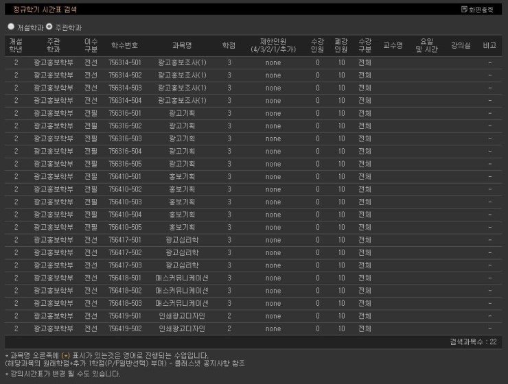  2014학년도 홍익대학교 광고홍보학부 2학년 1학기 커리큘럼