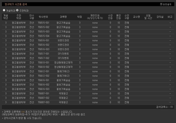  2014학년도 홍익대학교 광고홍보학부 3학년 1학기 커리큘럼