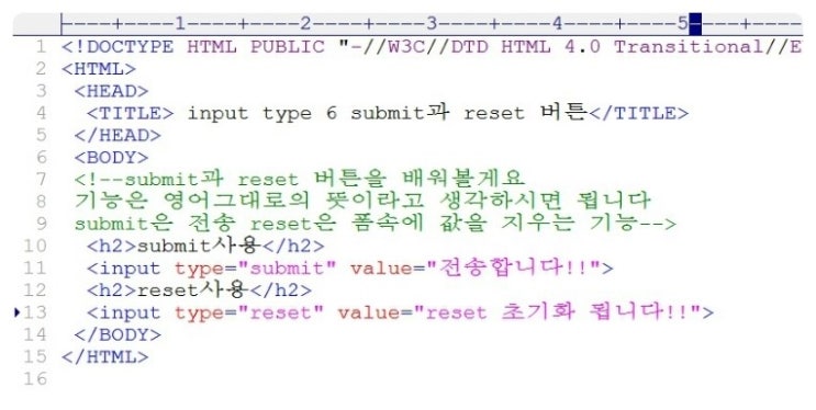 HTML - input type 6번 submit(전송)과 reset(다시쓰기,초기화)를 알아보자