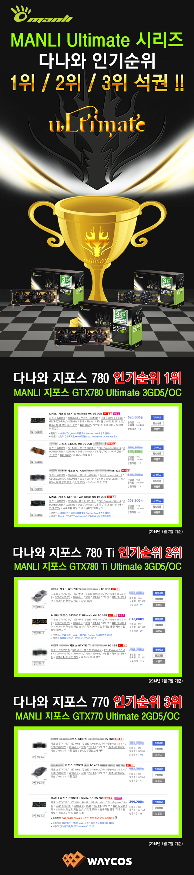 웨이코스, MANLI Ultimate 시리즈, 다나와 인기순위 1위/2위/3위 석권 !! 웨이코스, MANLI Ultimate 시리즈, 다나와 인기순위 1위/2위/3위 석권 !!