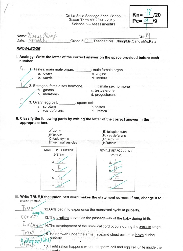  Second Term Science-Assessment#1(2014년9월26일금요일)