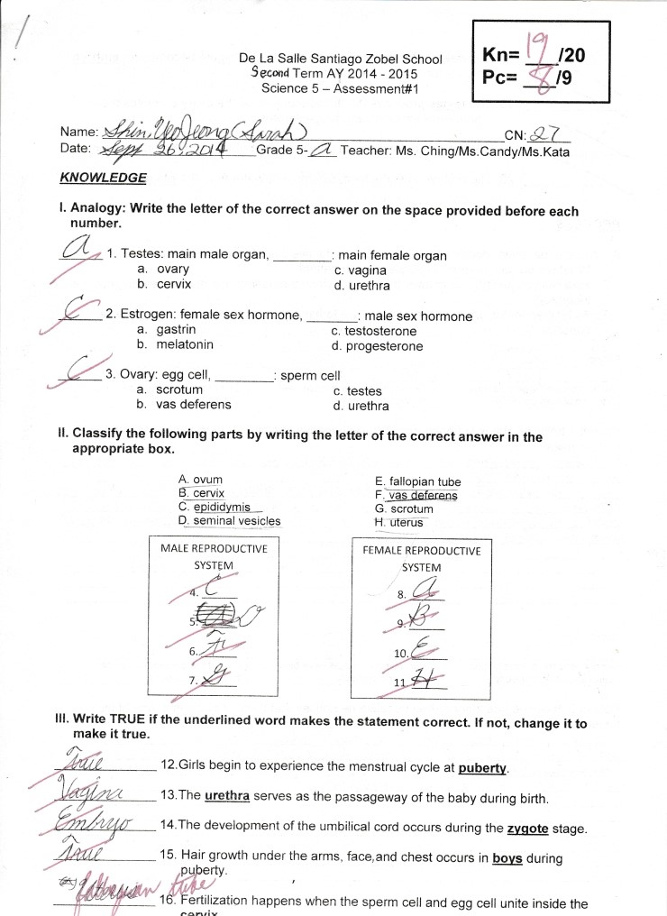  Second Term Science-Assessment#1(2014년9월26일금요일)