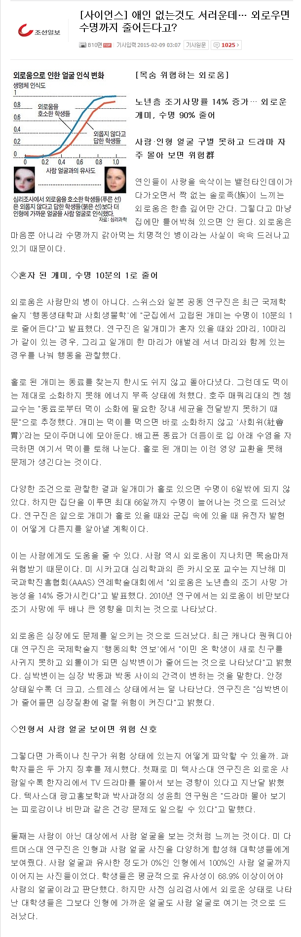  외로우면 수명이 단축된다.