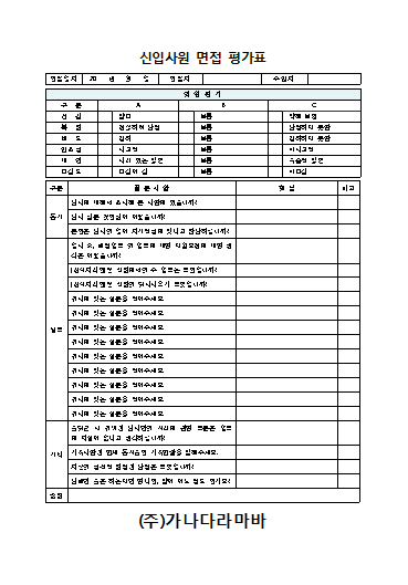 구인광고 후 신입사원(직원) 면접볼때 쓰는 면접평가표(면접자, 면접관 참고용)