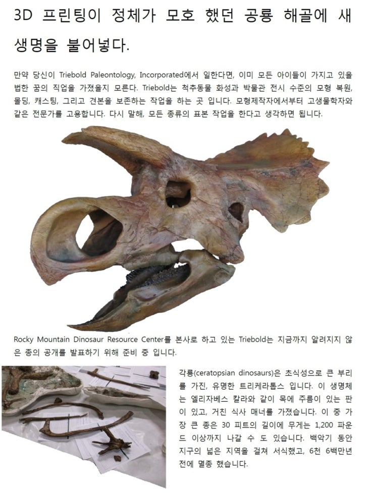 [3D 프린터 전문 주식회사 씨이피테크] 백악기 공룡의 뼈를 3D 프린팅으로 복원 하다. 