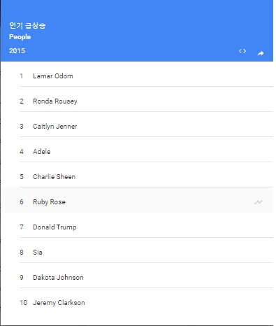 론다 로우지 올해의 구글 전세계 인물 검색 2위, 미국의 스포츠 스타 검색 1위 