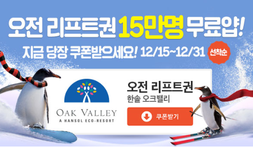  한솔 오크밸리 yap 깔고 15/16 시즌 12월31일까지 리프트 오전권 1회 무료!!