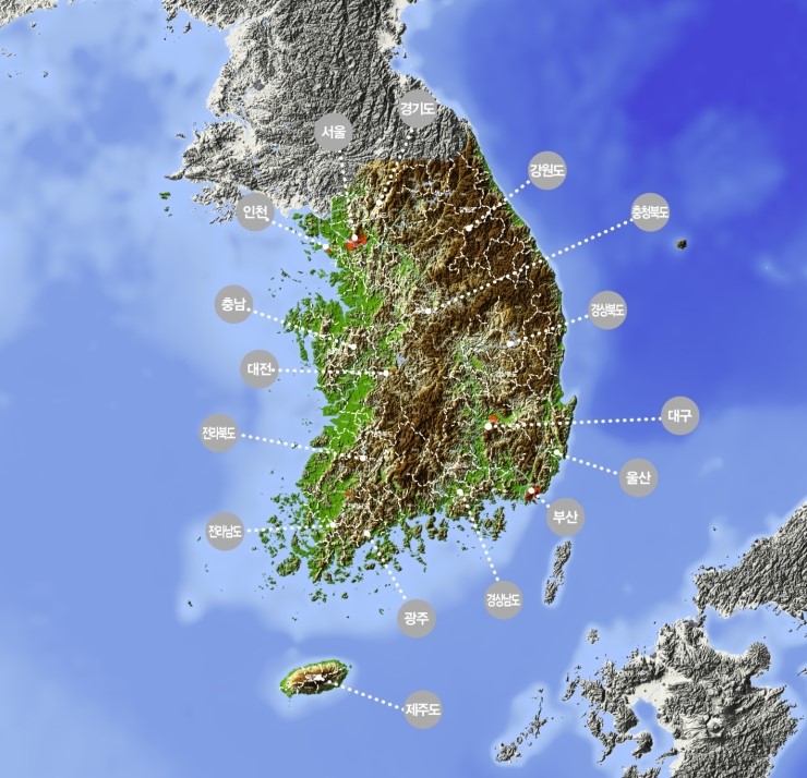 대한민국 산맥 국립공원 위성지도