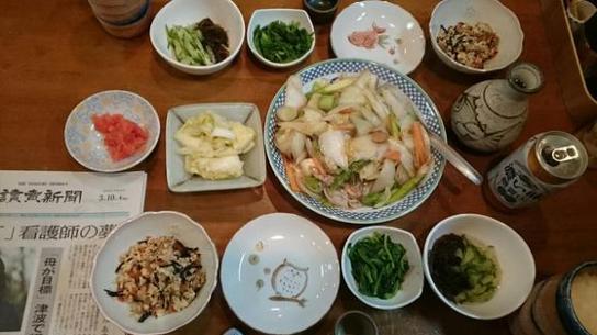  저녁:팔보채, 모즈크초, 시금치 야채 나물