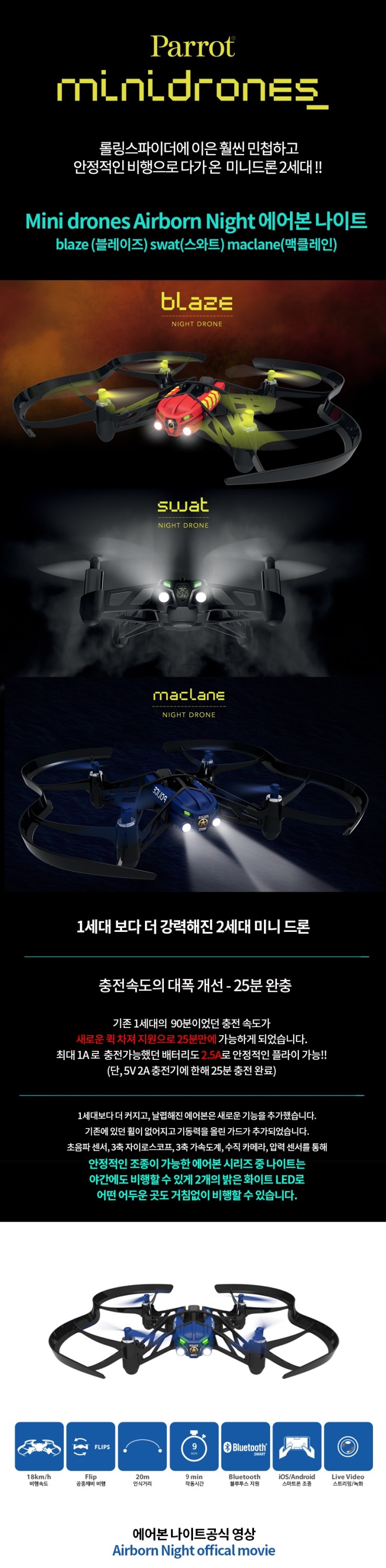 [Parrot] Mini drones Airborn night 패럿 스마트 토이 미니 드론 에어본 나이트 블레이즈 스와트 맥클레인 광주 드론 애플스토어 상무점.
