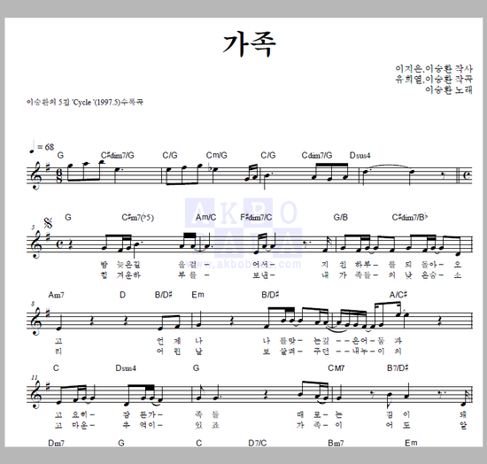 [멜로디 악보] 이승환 - 가족 (코드/ 멜로디/ 가사)