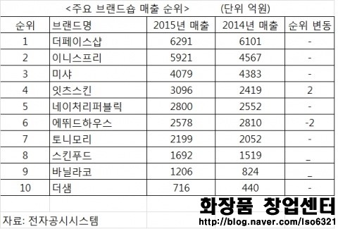 화장품창업정보(잇츠스킨, 이니스프리성장률, 브랜드별 매출현황) 화장품창업정보(잇츠스킨, 이니스프리성장률, 브랜드별 매출현황)