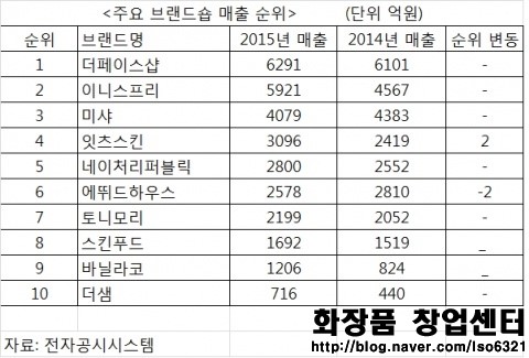 화장품창업정보(잇츠스킨, 이니스프리성장률, 브랜드별 매출현황)