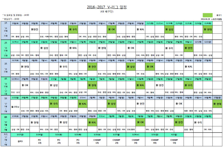  프로배구 2016-2017 V리그 일정