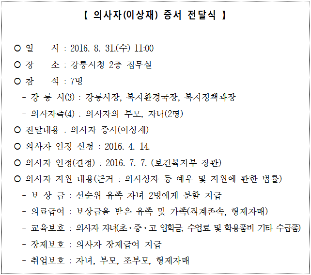  [강릉소식] 의사자 증서 전달식 개최