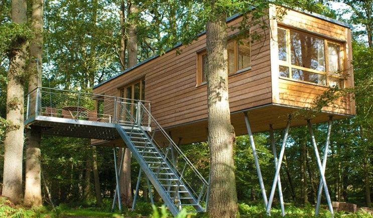 나무 숲속 펜션 말뚝기초위 박스 형태 이동식주택 트리하우스 전경