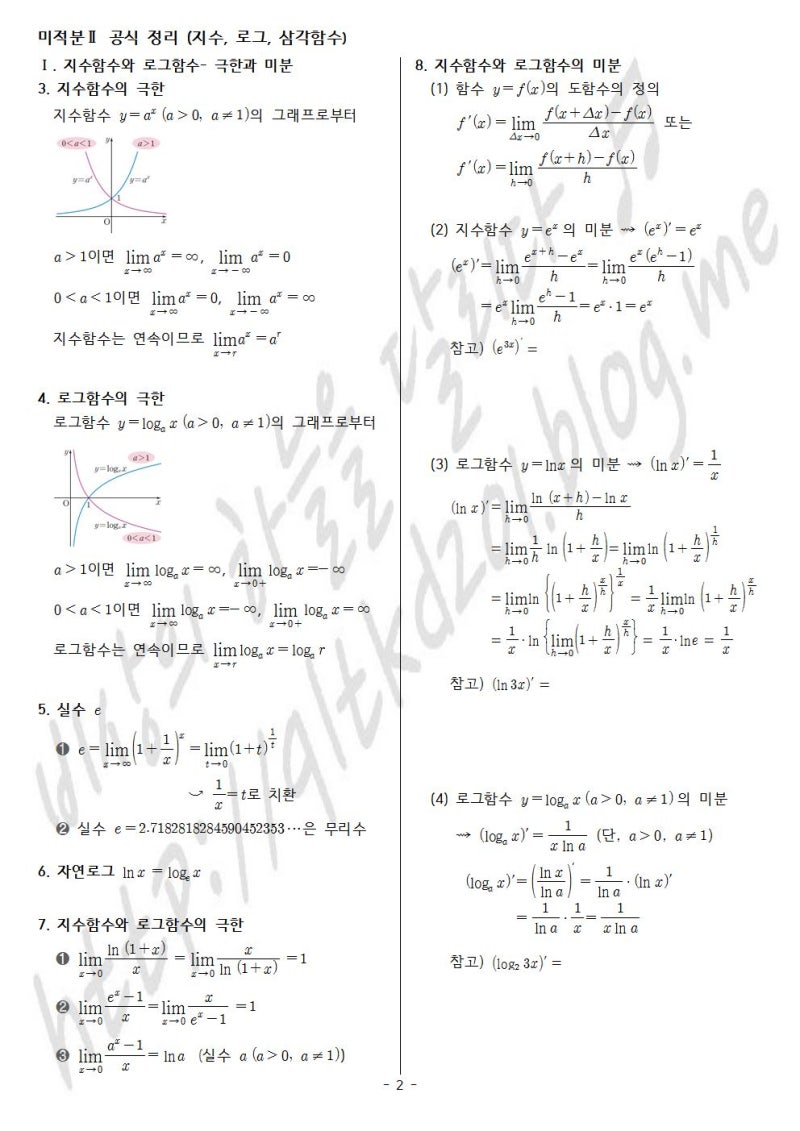 미적분2 정리 (지수함수, 로그함수, 삼각함수) : 네이버 블로그