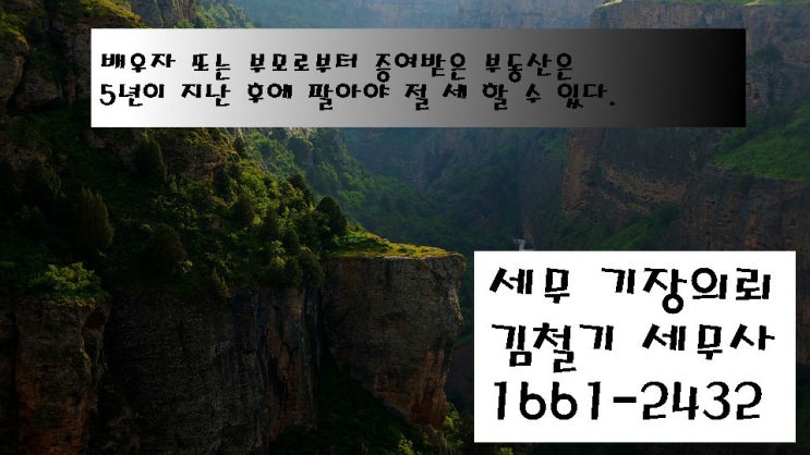  [절세 세무사] 배우자 또는 부모로부터 증여받은 부동산은 5년이 지난 후에 팔아야 절세 할 수 있다.