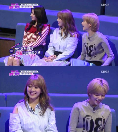  KBS2 트릭 & 트루 트와이스 정연 에잇세컨즈X노나곤 (노나곤 콜라보레이션) 라이트그레이 크롭니트 착용
