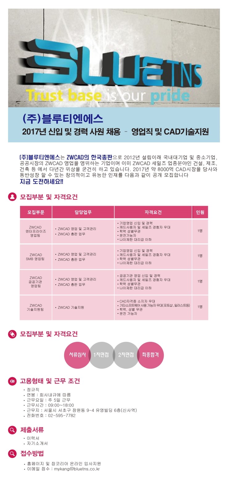  ZWCAD총판 (주)블루티엔에스 - 기술 영업 신입 및 경력사원 채용공고