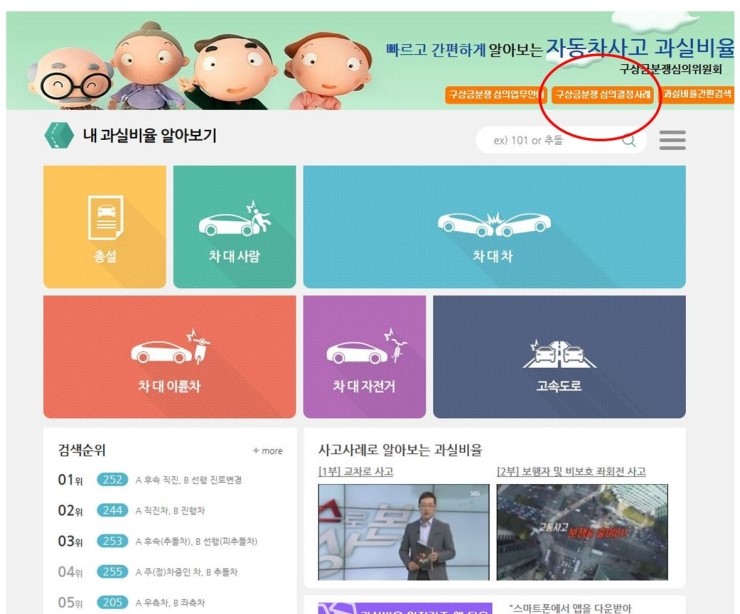 자동차사고 과실비율 검색(구상금분쟁심의위원회)