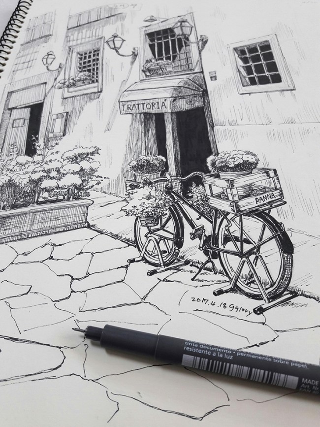  그림공부:어반 스케치(Urban sketch) 자전거가 있는 건물풍경 드로잉