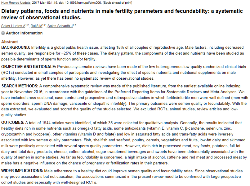 남성난임과 임신력(fecundability)에 영향을 주는 식사패턴과 음식 및 영양소에 대한 systemic 리뷰 (Hum ...