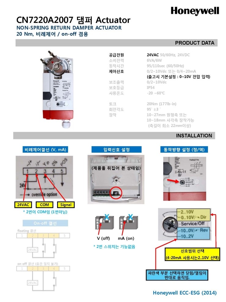  하니웰_CN7220A2007 댐퍼모터 메뉴얼