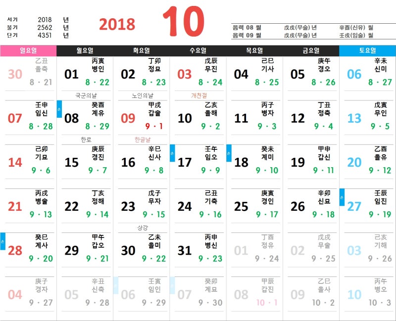 2018년 음력달력 2018년 간지달력