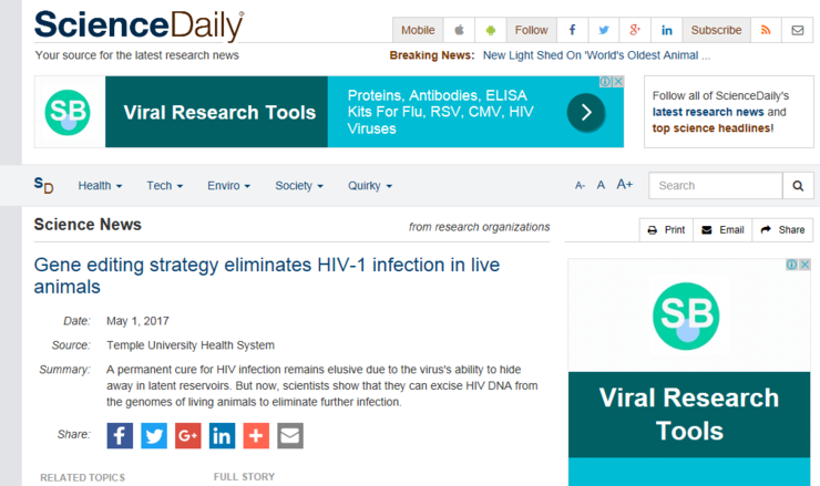  유전자 조작으로 동물의 HIV-1 바이러스 감염을 막다