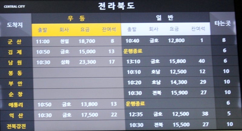 서울 강남 센트럴시티터미널 호남선 시간표 고속버스 터미널