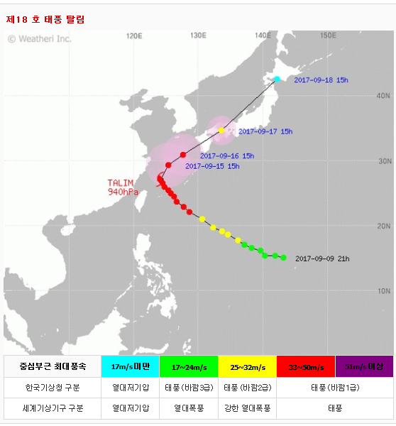  18호 태풍 탈림 경로 정보