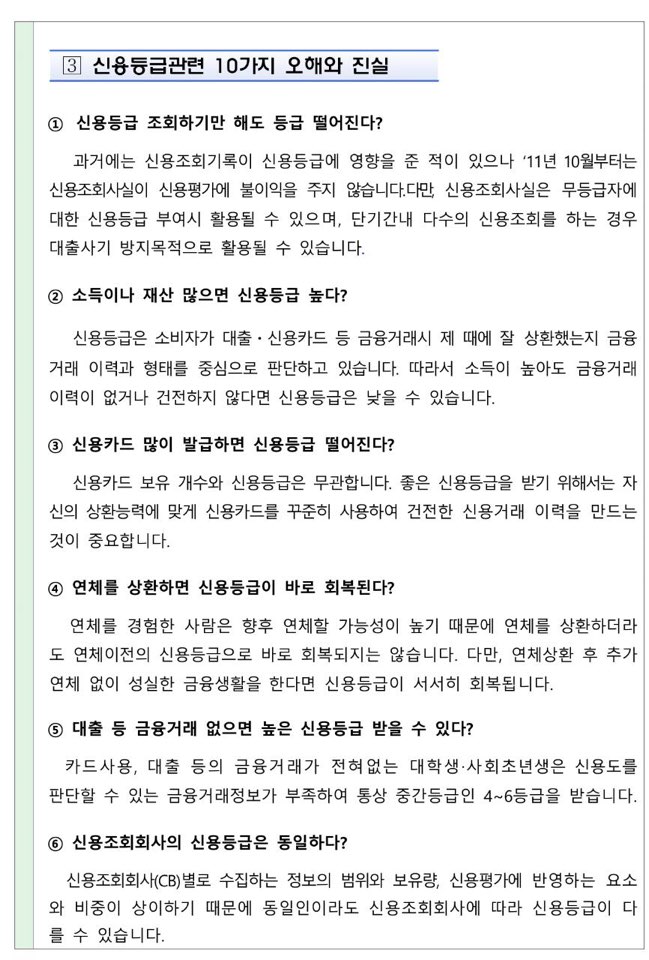  신용등급 관련 10가지 오해와 진실 <금융감독원>