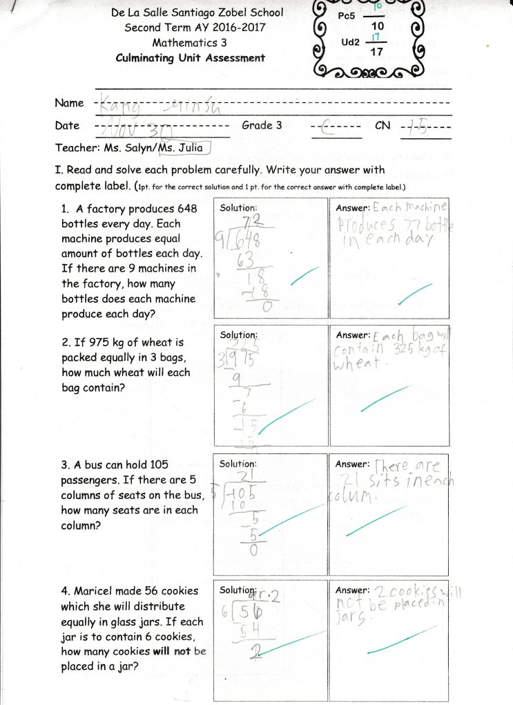  필리핀 조기유학 라살조벨스쿨 3학년 Andy의 math&social study 시험지~