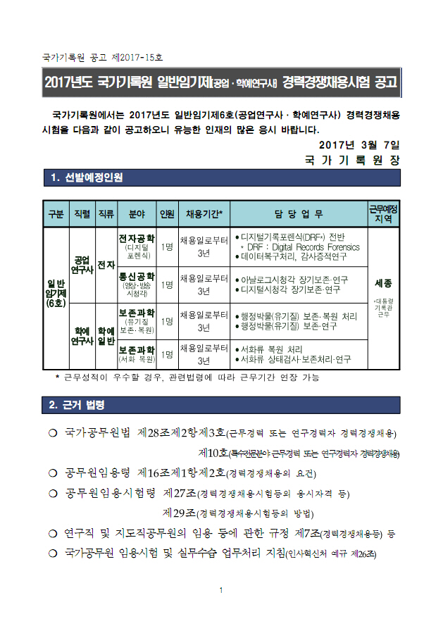  [학예사] 국가기록원 일반임기제(공업·학예연구사) 경력경쟁채용시험 공고