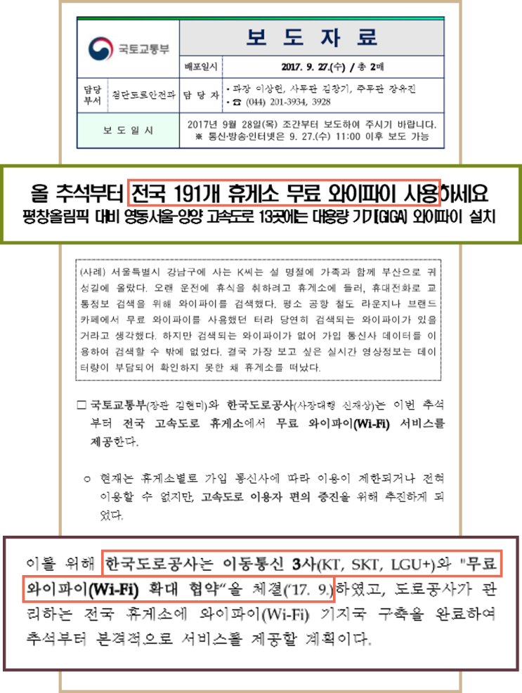 [전국 휴게소 무료 와이파이] 올 추석부터 전국 고속도로휴게소 와이파이 무료 서비스 이용 가능해