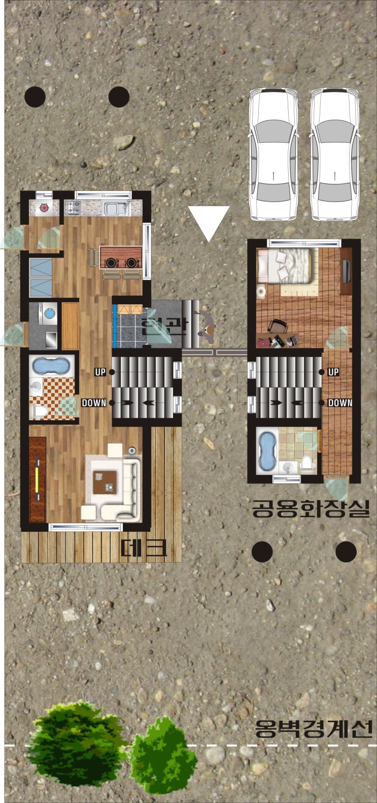 필로티와 캔틸레버 구성 및 연결통로의 스킵플로어 단독주택 짓기 계획 필로티와 캔틸레버 구성 및 연결통로의 스킵플로어 단독주택 짓기 계획