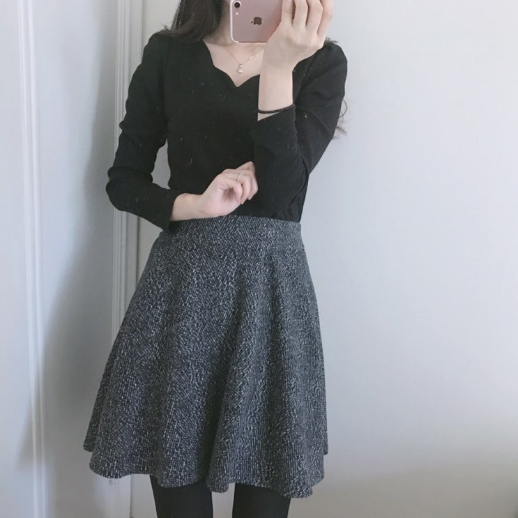  [데일리룩] 물결블라우스, 헤링본 플레어 스커트