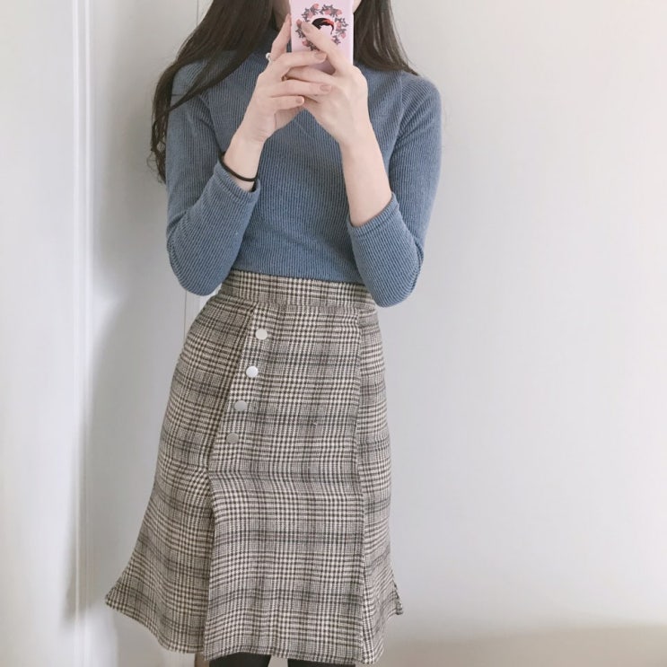  [데일리룩] 반목 골지 니트, 체크 트임 머메이드 스커트