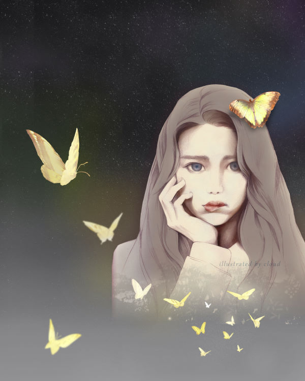  감성 패션일러스트 밤편지 그림,소녀와 나비와 밤 ,아이유일러스트