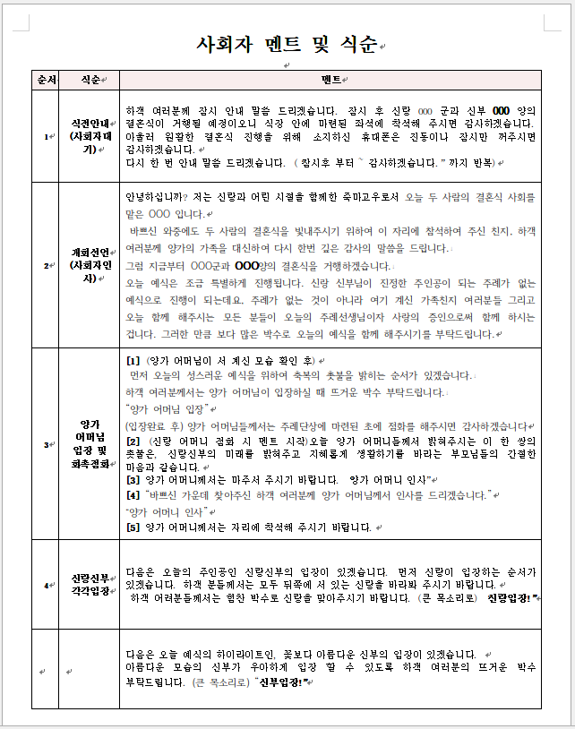 주례없는 결혼식 사회자 대본 및 진행순서 네이버 블로그