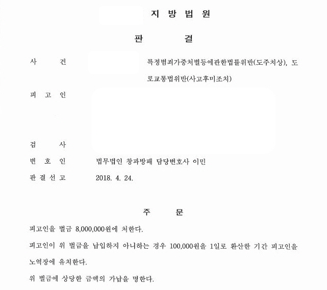  사고후미조치 및 도주치상, 뺑소니 벌금형 선고 by SOS음주운전센터