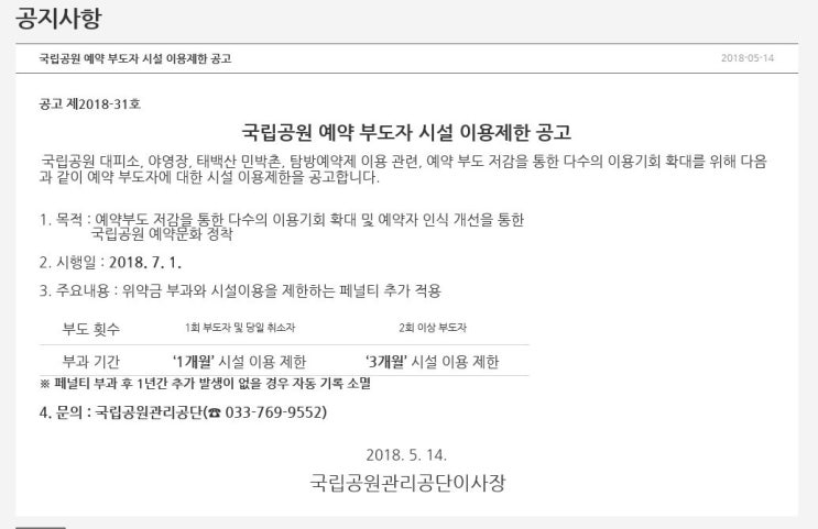  국립공원 예약 부도자 시설 이용제한 관련