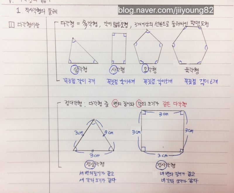 5학년 수학, 다각형의 넓이, 직사각형의 둘레, 둘레vs넓이 노트정리 : 네이버 블로그